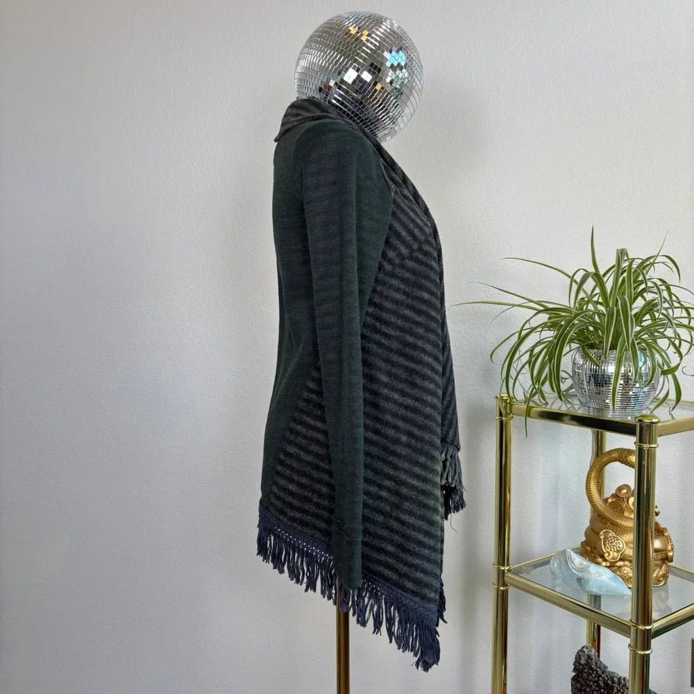 Anthropologie Saturday Sunday Green Striped Fringe Open Front Cardigan XS